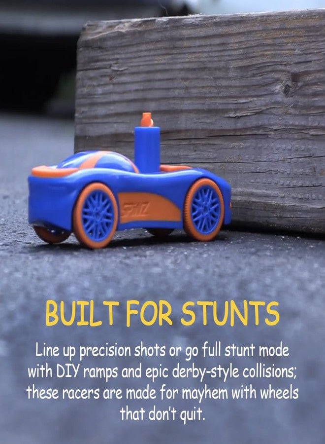 Spinz 2 Pack Race Cars with Flying Disc Launchers, Pull Back Bumper Toy Racer, Kids, Boys, Girls Gift, Blue/Orange & Blue/Green Ages 3+ - Image 5